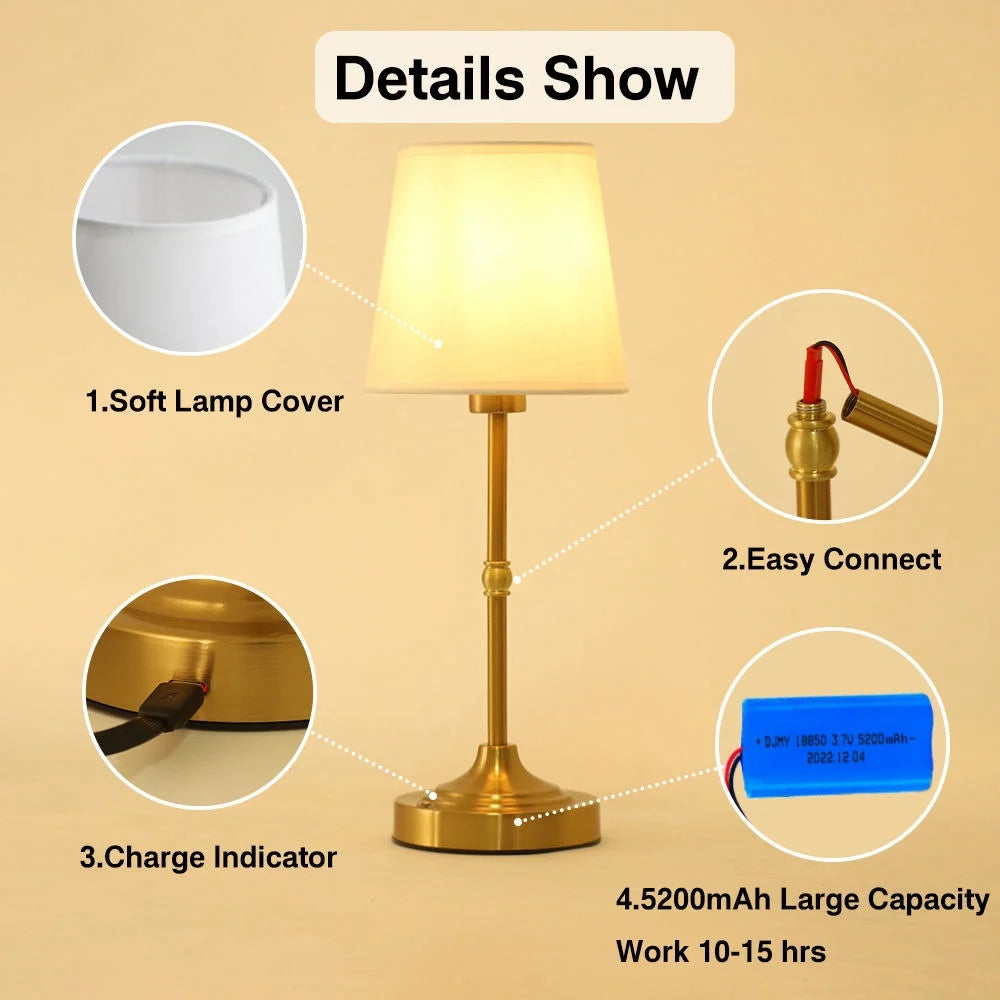 Luxury Modern Decorative Light USB Rechargeable Fabric Table Lamp Cordless Table Lamp
