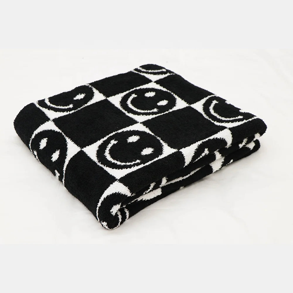 Customizable Smiley Face Double-Sided Thermal Knit Throw Chunky Black White Fleece Beach