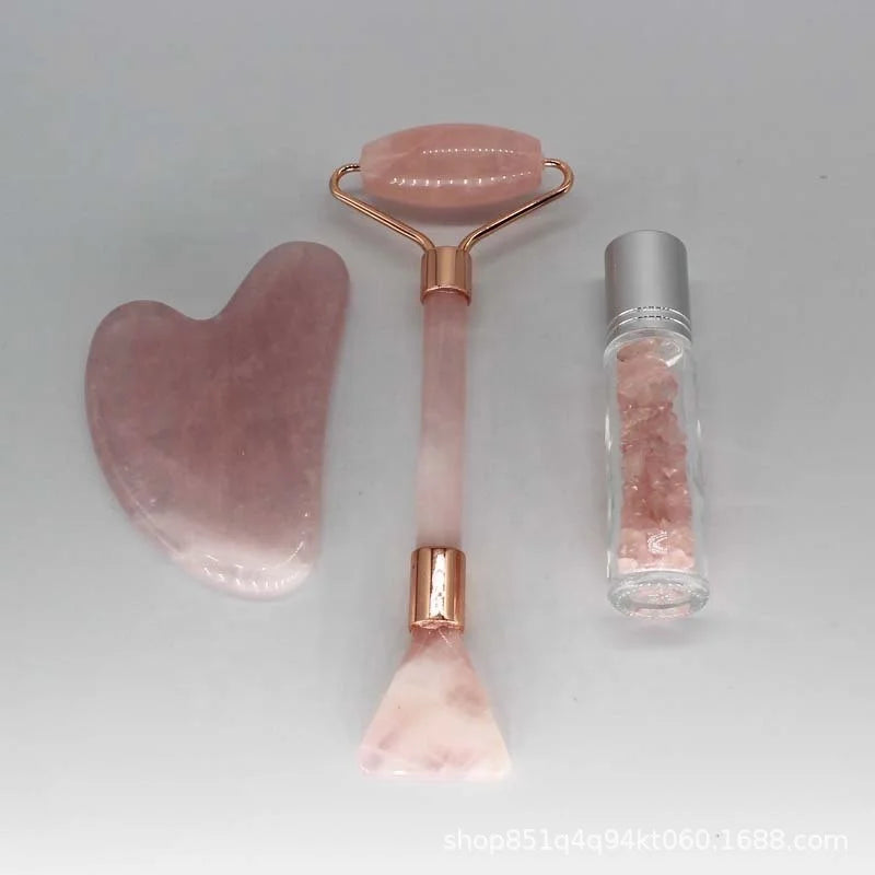 Custom Natural Rose Quartz Pink Crystal Gemstone Heart Body Facial Gua Sha Massage Set