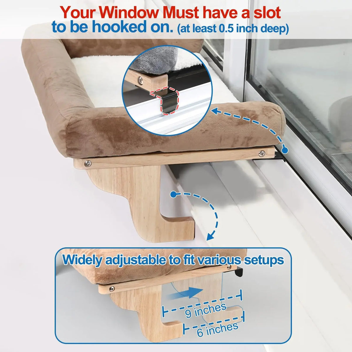 Cat Perch for Windowsill with Bolsters Machine Washable Hook-On Mount Hardwood & Metal