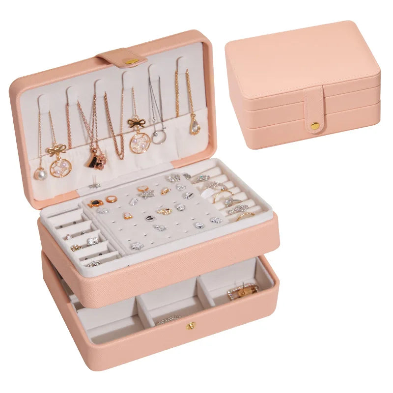 Portable PU Leather Travel Jewelry Organizer Case Small Multi-Drawer Jewelry Box
