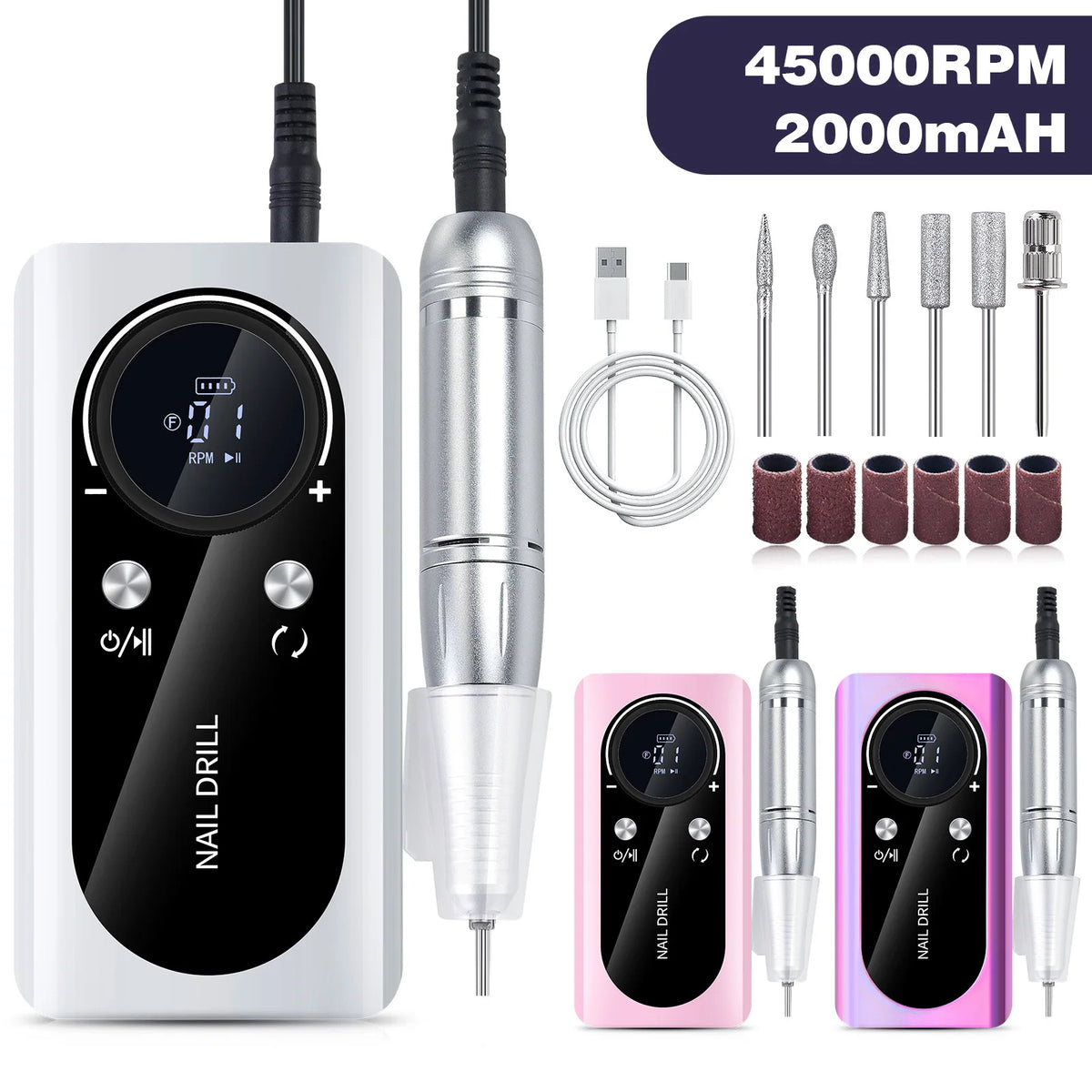Rechargeable Portable Electric Nail Drill Machine 45000RPM Professional Nail Polisher