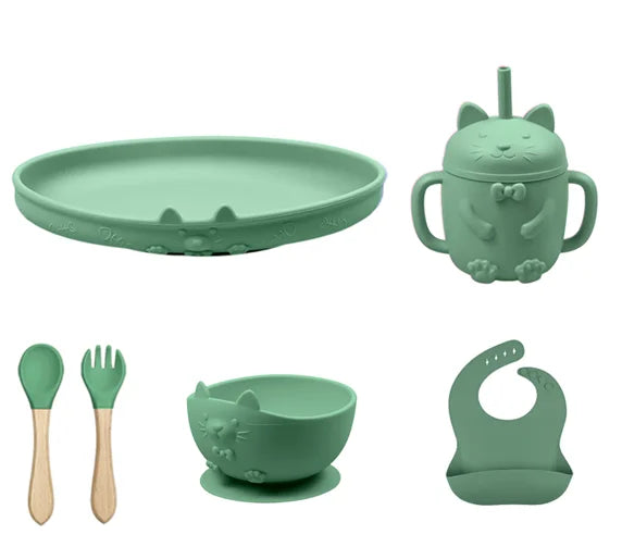 Food Grade Silicone Baby Feeding Set With Cup Bowl Plate Bib Spoon and Fork Easy Clean