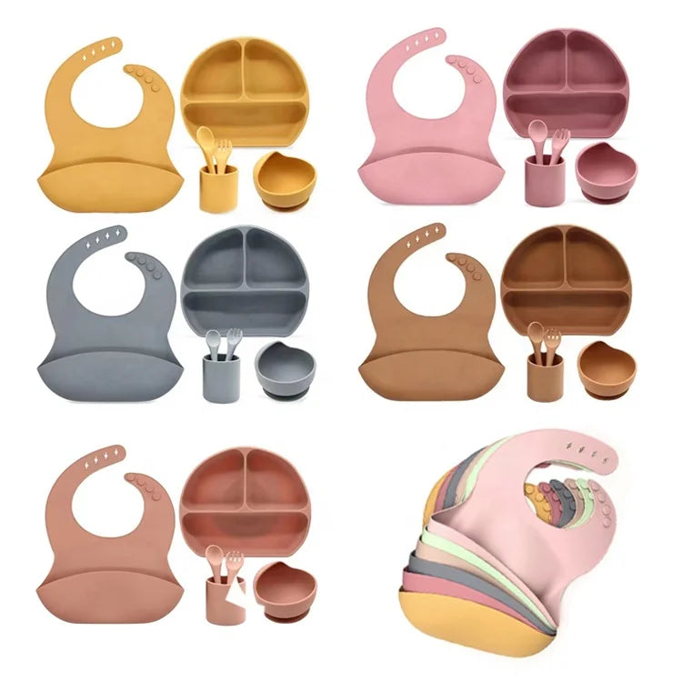 Top Seller Custom 6pcs Baby Feeding Set Food Grade Silicone Dinnerware Including Cups