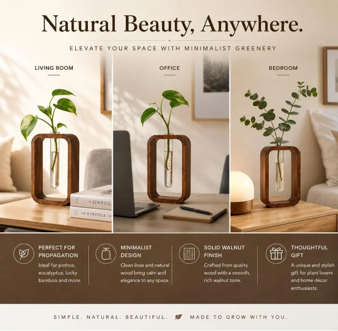 Minimalist Modern Indoor Wooden Frame Glass Vase Hydroponic Planter Wooden Propagation
