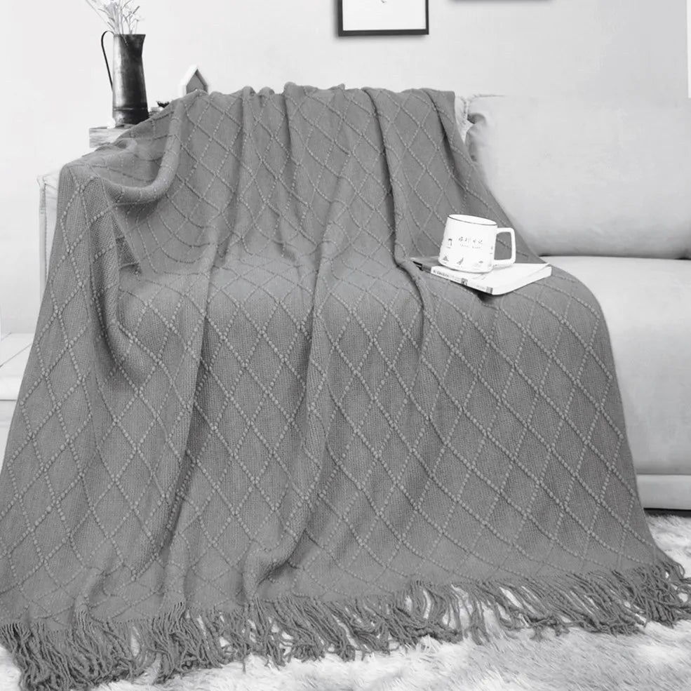 Chunky Knitted Blanket Sofa Throw Blanket With Tassels Weighted Blanket for Winter
