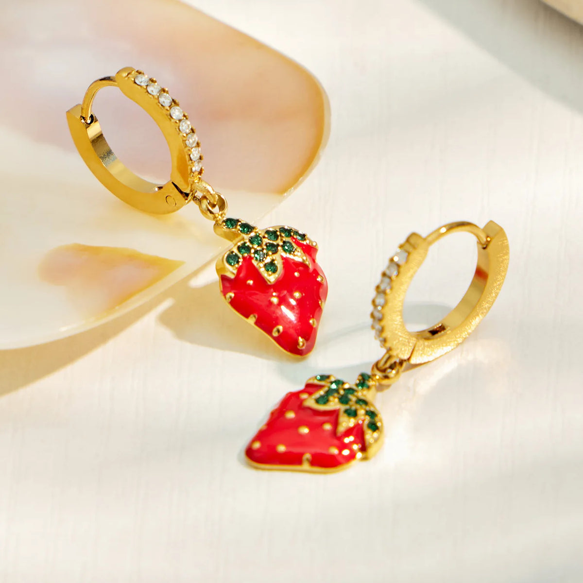 Playful Strawberry Enamel Huggie Earrings 316 Stainless Steel PVD 18K Gold Plated Non