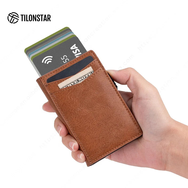 Hot Style Mini Card Sleeve Slim Minimalist Pop Up RFID Blocking Leather Business Credit
