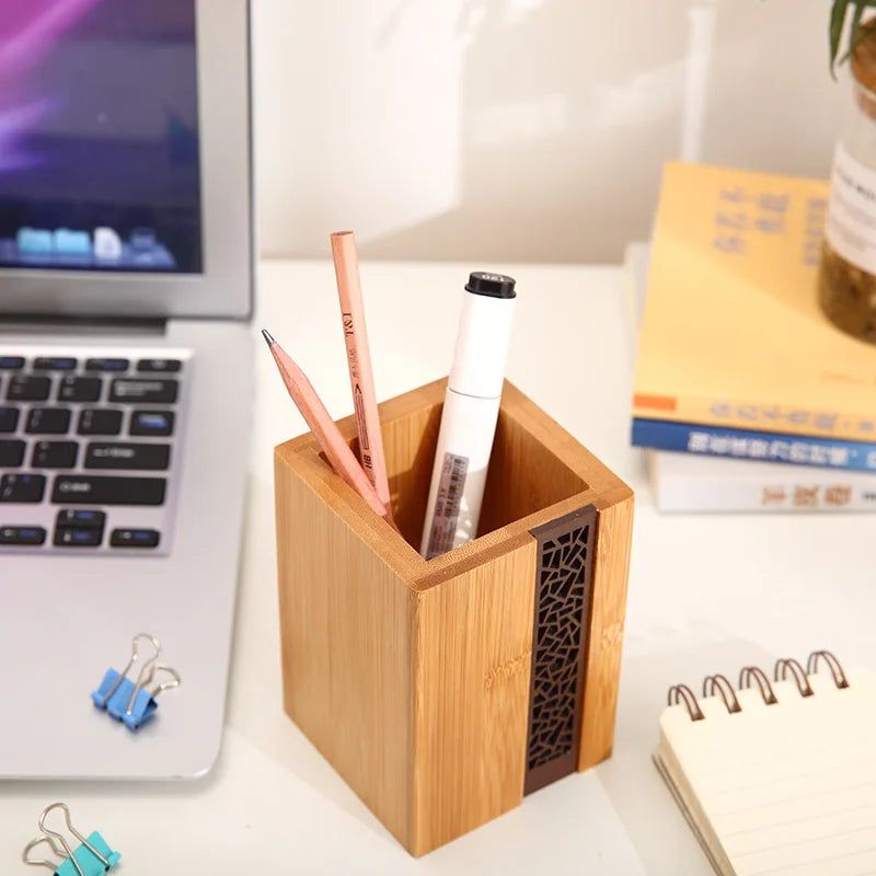 Large Capacity Wooden Pen Holder Solid Pine Wood Desk Storage For Office School Art