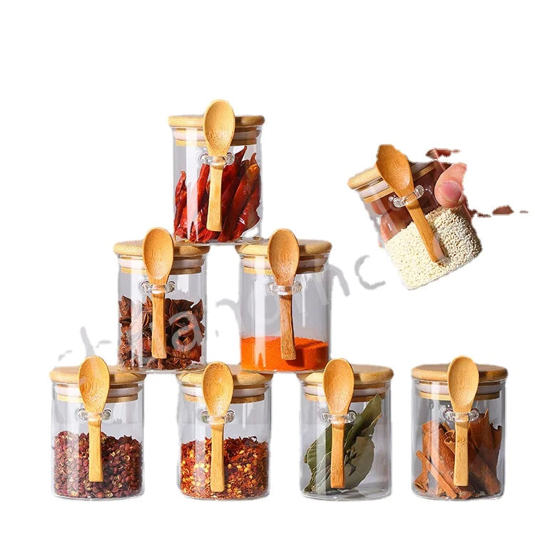 Customized 8pcs 180ml High Borosilicate Glass Sealed Bamboo Lid Storage Jar Sets