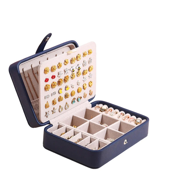 Portable Travel Square Leather Jewelry Box Storage Organizer with Earring Holder Display