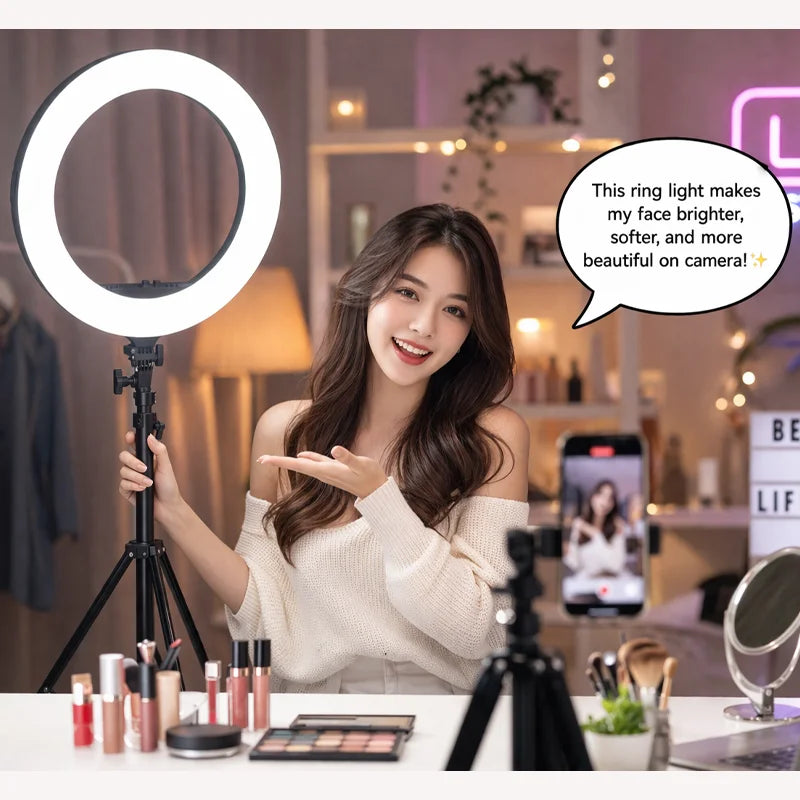 Qiniu 22 Inch Ring Light Kit 70W Universal Voltage Adjustable Color Temp Remote/Knob