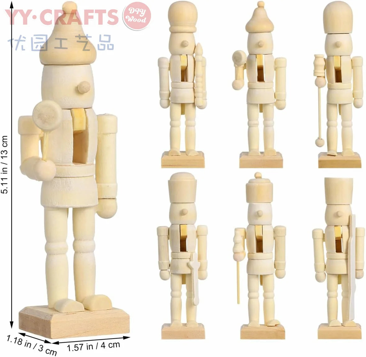 6Pcs Unfinished Wooden Nutcracker Unpainted Christmas Wood Nutcracker Soldier Figurine