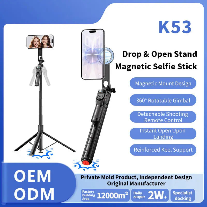 Gamegaga K53 Magnetic Selfie Stick Tripod 360° Rotatable Gimbal Anti-Slip Base Portable