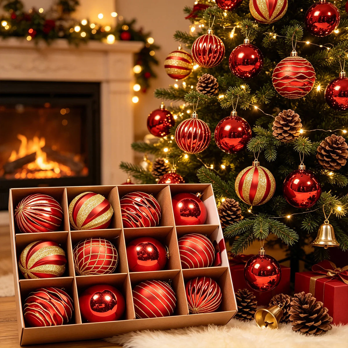 12-Piece Plastic Electroplated Luxury Christmas Ball Set 8cm/6cm Santa Red Gold Green