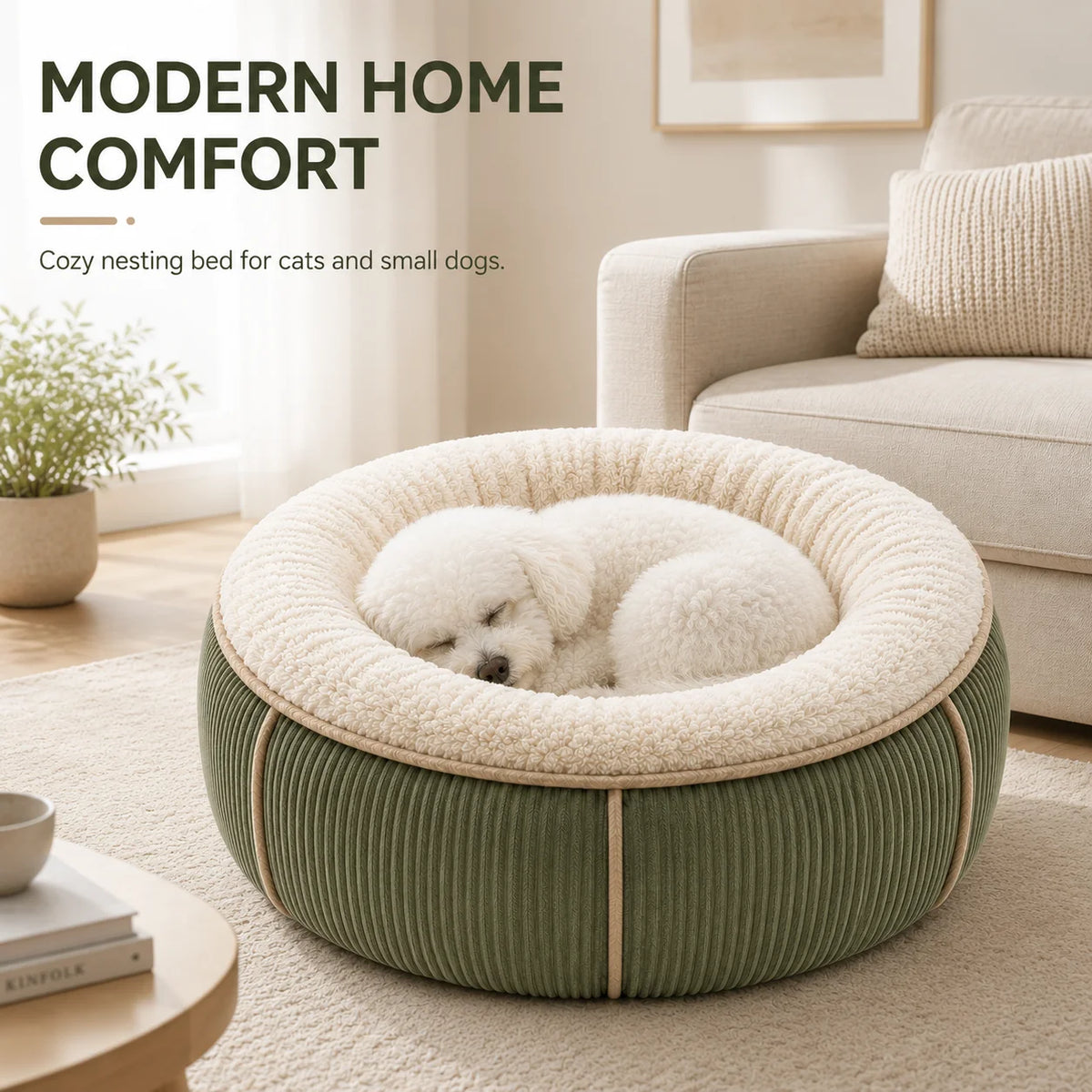 Custom Corduroy Round Pet Bed Faux Fur Calming Donut Dog Bed with Anti-Slip Bottom