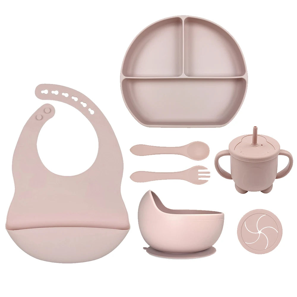 8pc Bebe Silicone Feeding Set Toddler Weaning Set Suction Bottom Infant Dining Tableware