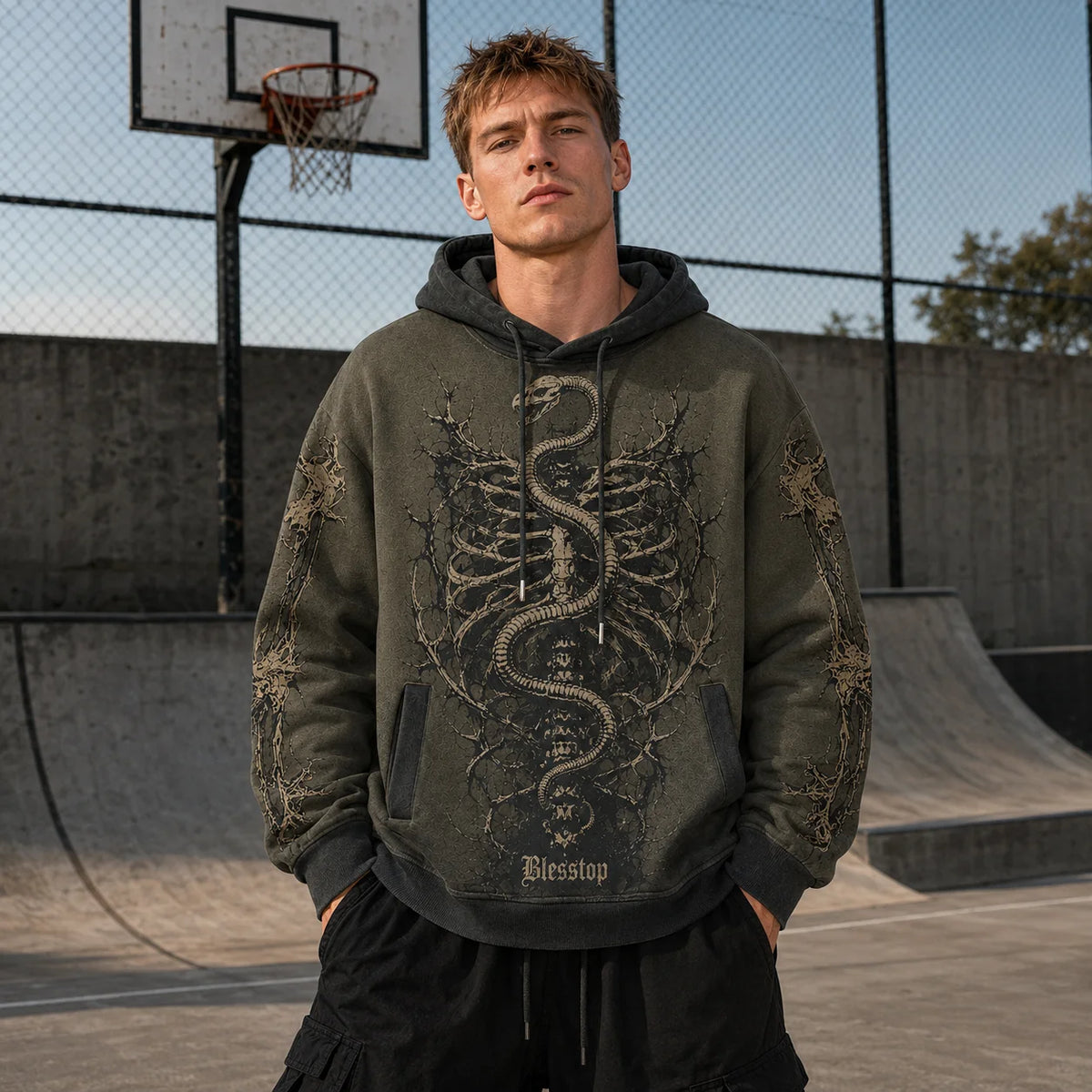 BlessTop Custom Snake Skeleton Graphic Hoodie with Full Front Print, Men'S Pullover