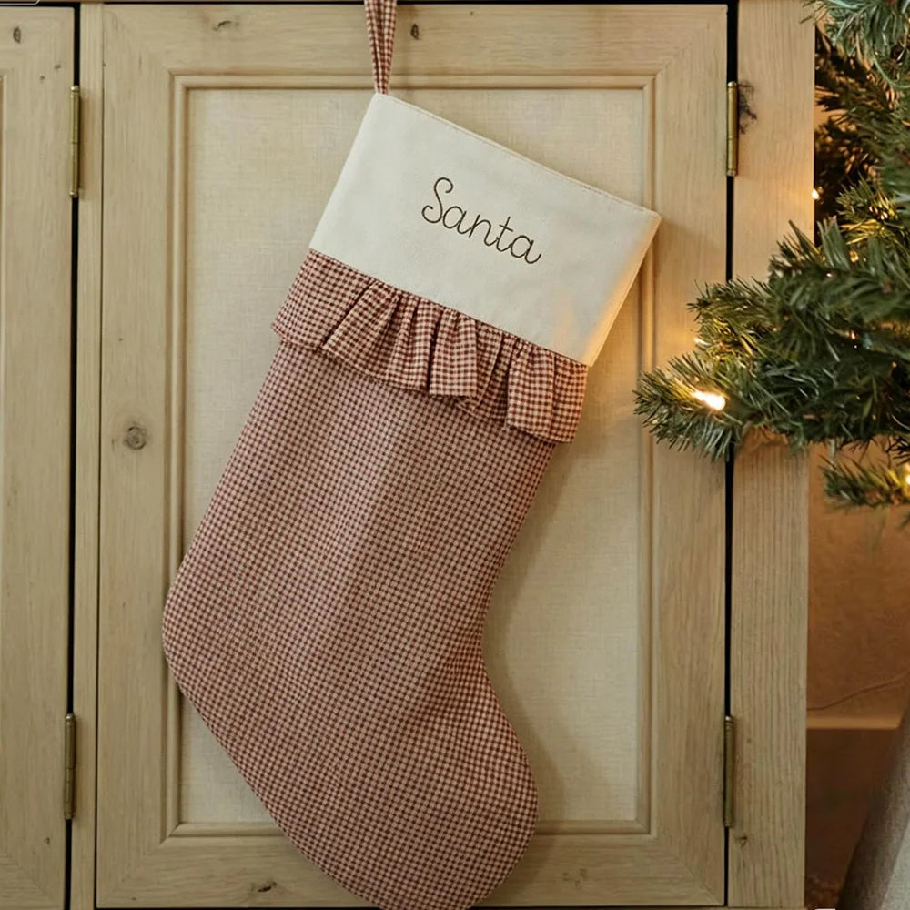 Custom Gingham Cotton Christmas Stocking With Personalized Name Embroidery for Family