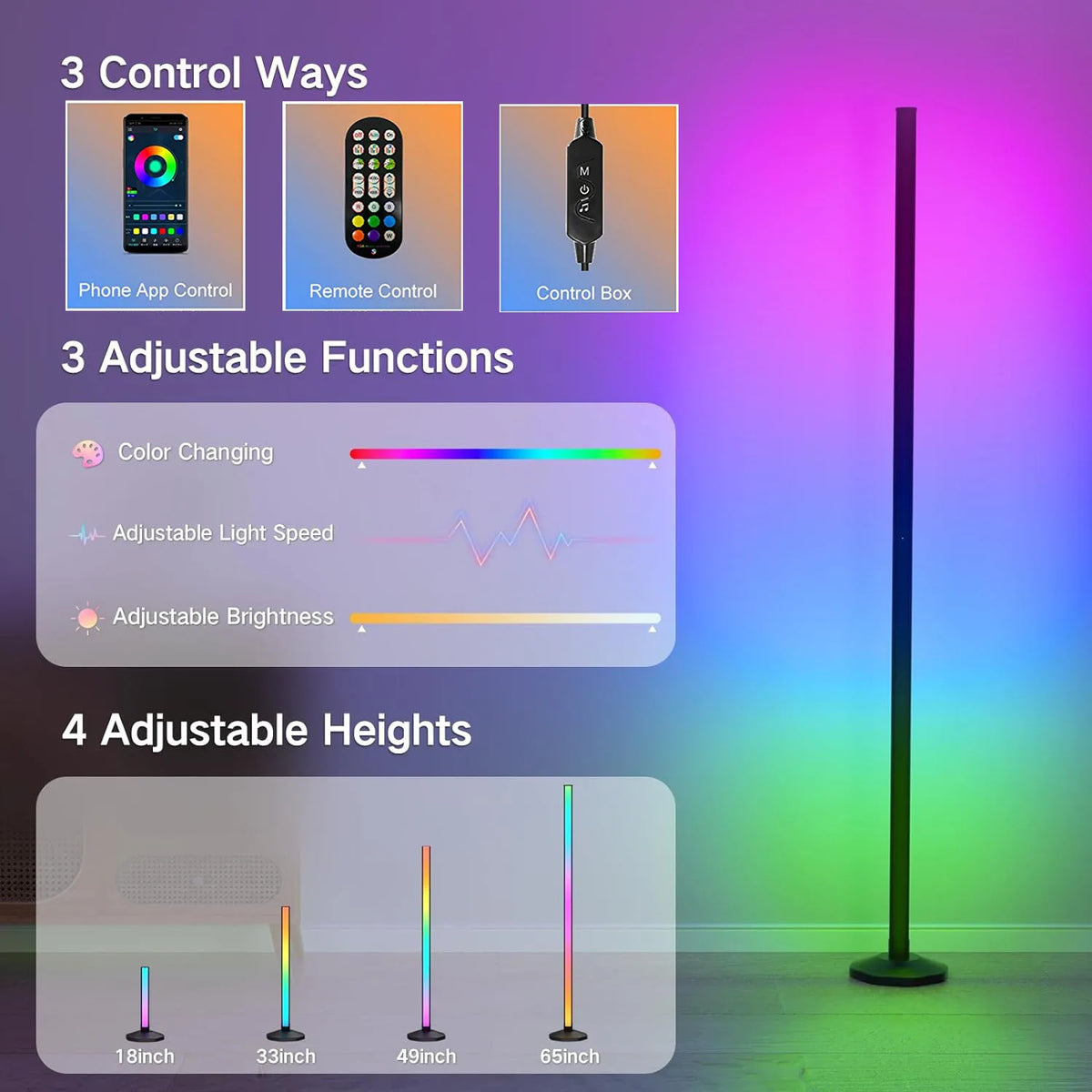 Modern IR APP Smart Control RGBIC LED Floor Lamp for Bedroom DIY Wifi Standing Corner LED