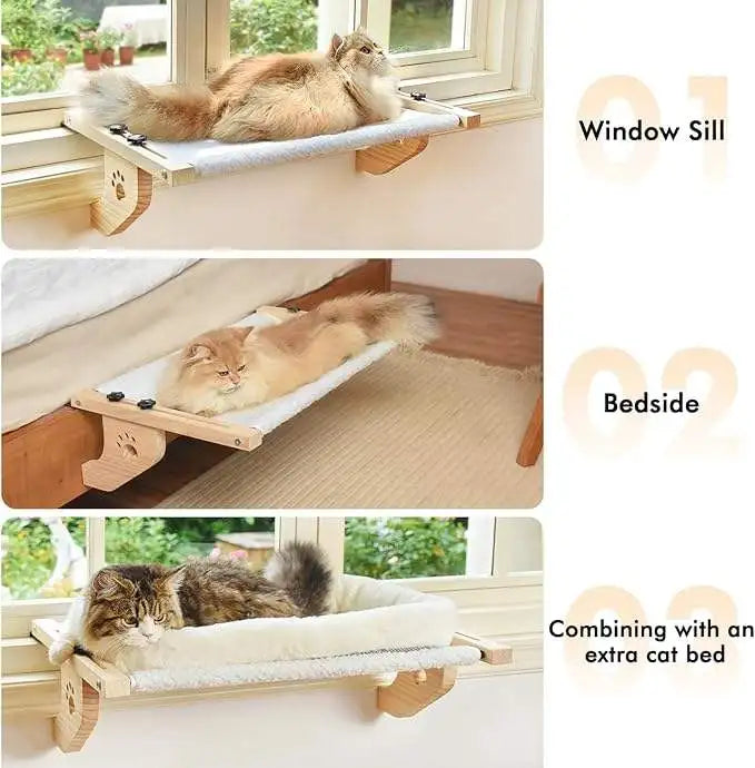 Adjustable Elevated Modern Cat Hammock Window Perch Wooden Frame Pet Bed Carton Packed