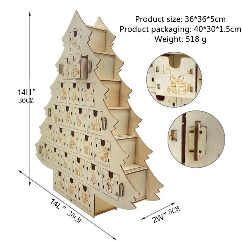 Xmas Gifts Fidget Toy Tree Shape Christmas Countdown Wooden Advent Calendar Empty Drawer