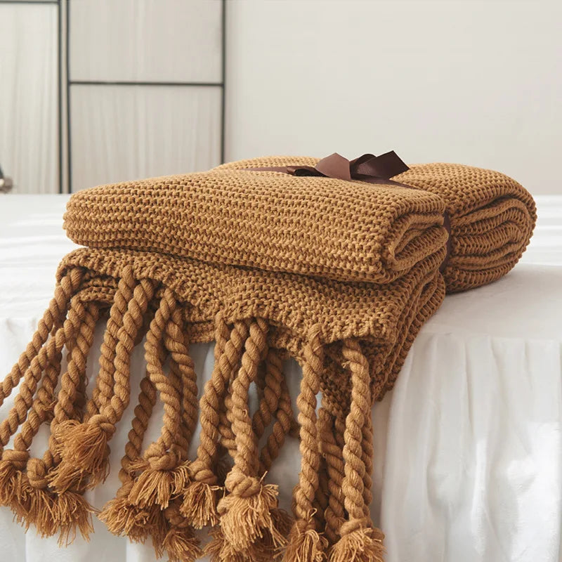 Luxury Knit Throw Blanket for Travel Picnic Beach Soft Chunky Cozy Fringed Warm Polyester