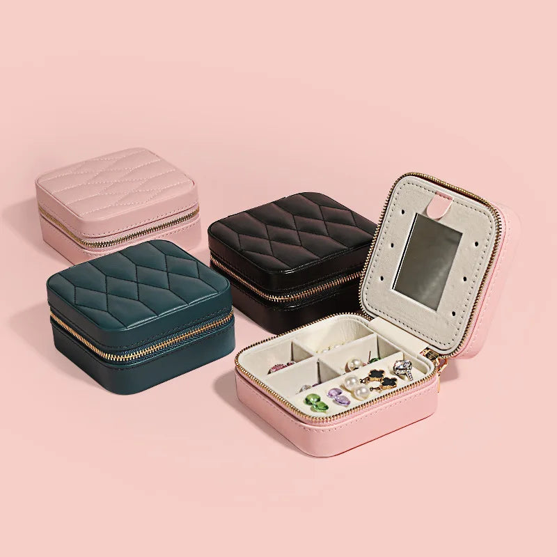 Women'S PU Leather Small Travel Jewelry Box Square Ring Organizer with Mirror