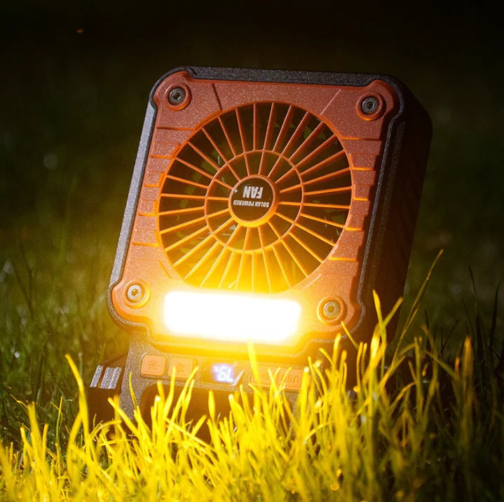 LED Camping Light Fan, Solar USB Portable Strong Wind, Digital Power Display Foldable