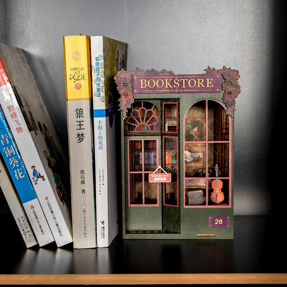Library Book Nook Kit DIY 3D Wooden Puzzle Bookend with LED Light Miniature Doll House