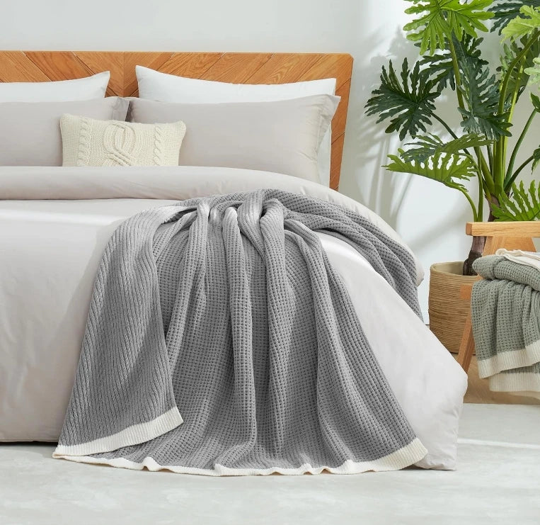 100% Cotton Knit Chunky Blanket Lightweight Breathable Cozy Summer Blankets for Bed