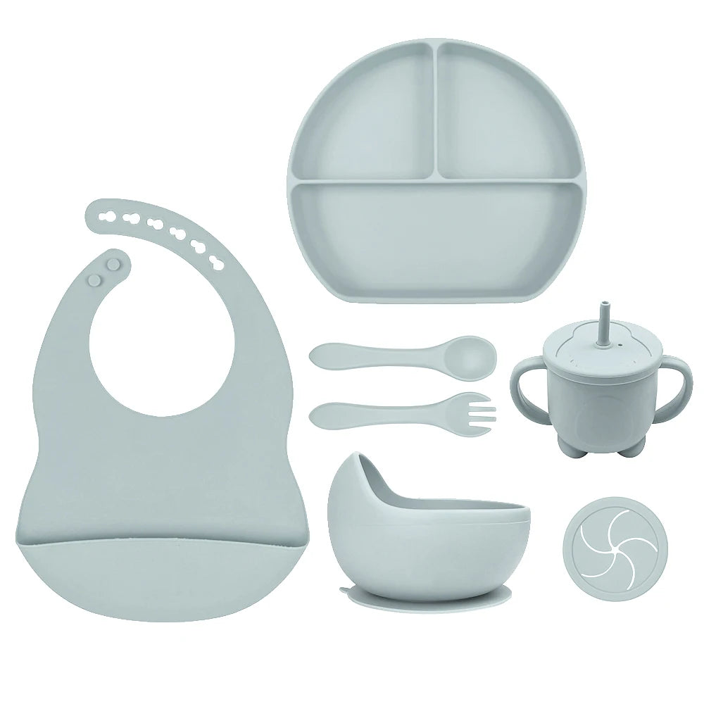 8pc Bebe Silicone Feeding Set Toddler Weaning Set Suction Bottom Infant Dining Tableware