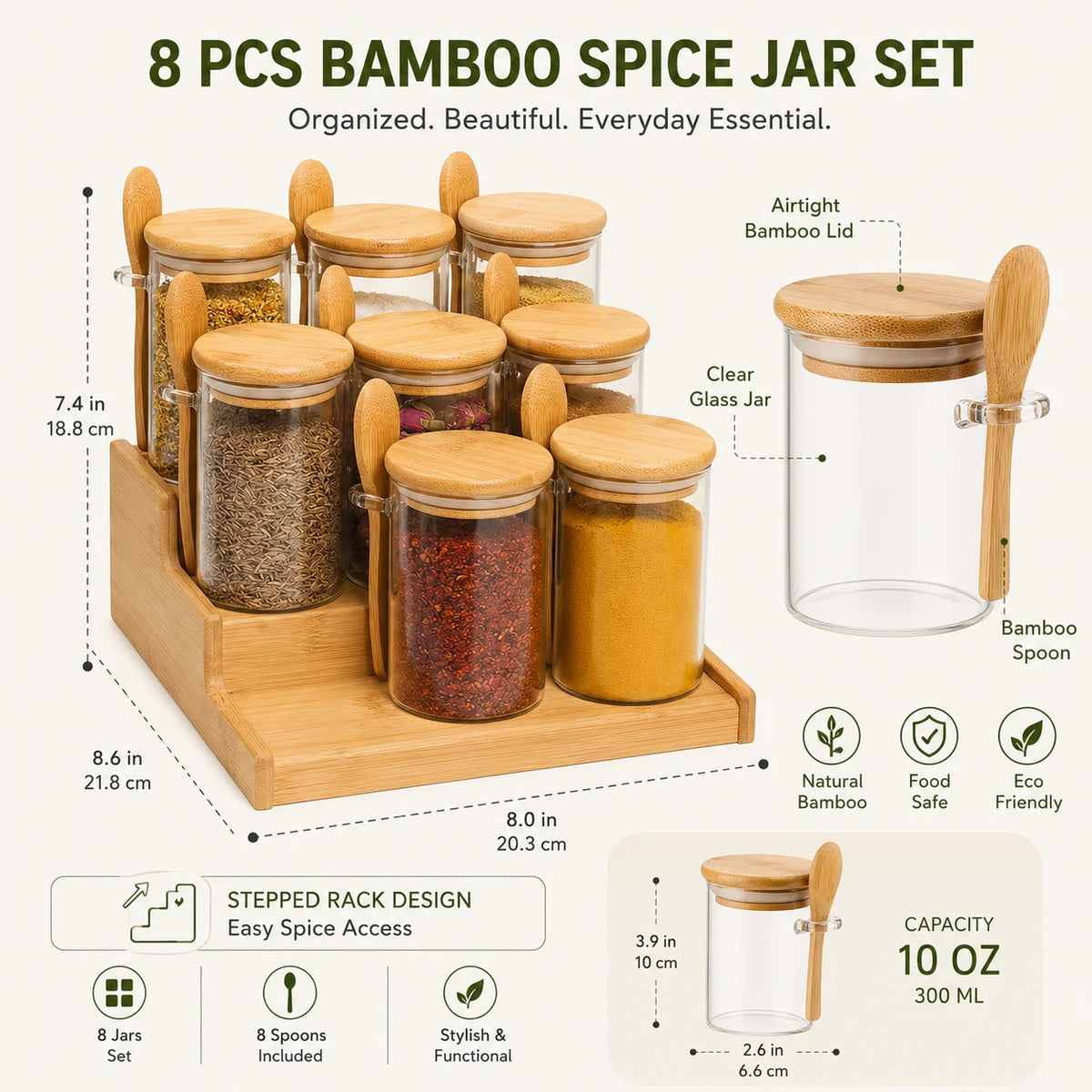 8 Piece Glass Spice Jar Set with Bamboo Lids Spoons and 2 Tier Organizer Rack for Kitchen