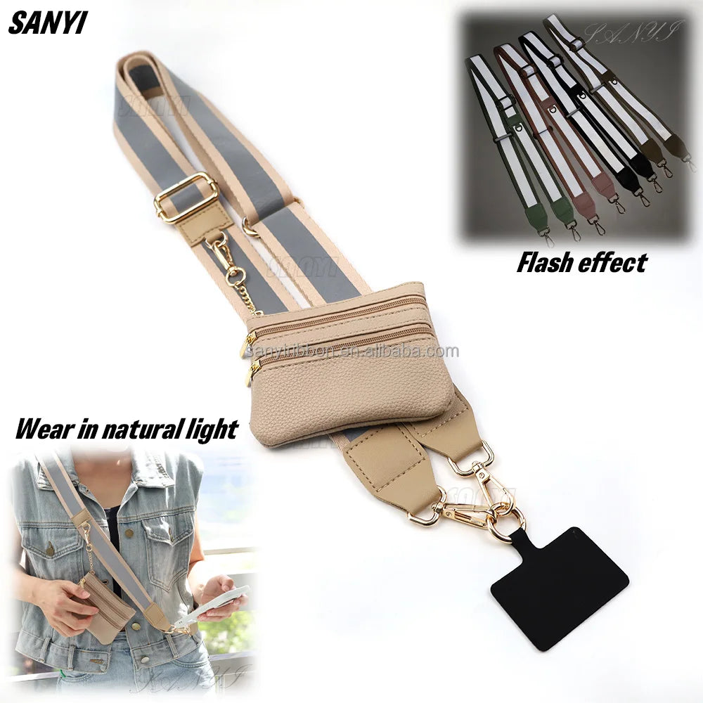 Reflective Strip Phone Strap With Zippered Pouch Adjustable Cellphone Lanyard Crossbody