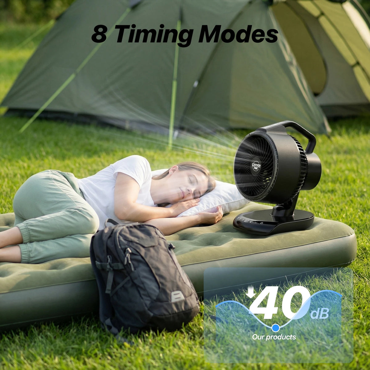 20000mAh Battery Operated Camping Fan with Light 5 Speed Auto Oscillating Remote Control