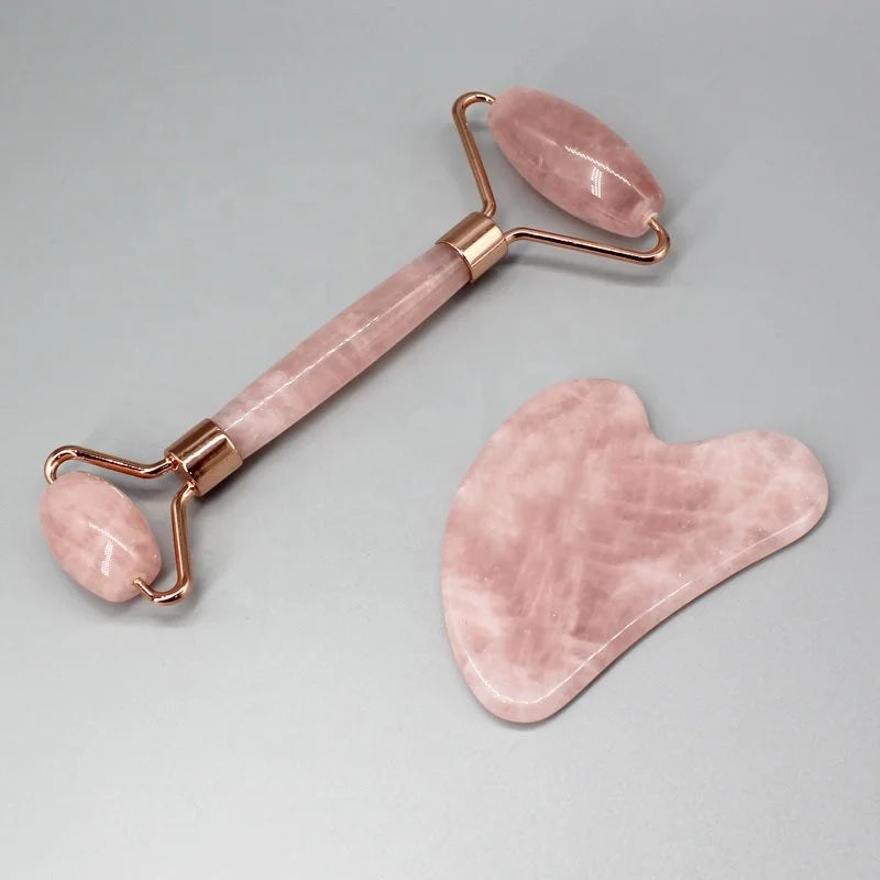 Custom Natural Rose Quartz Pink Crystal Gemstone Heart Body Facial Gua Sha Massage Set