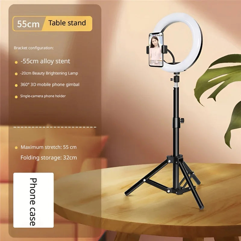 Portable Foldable Ring Light Stand with Phone Holder, Dimmable Live Stream Tripod