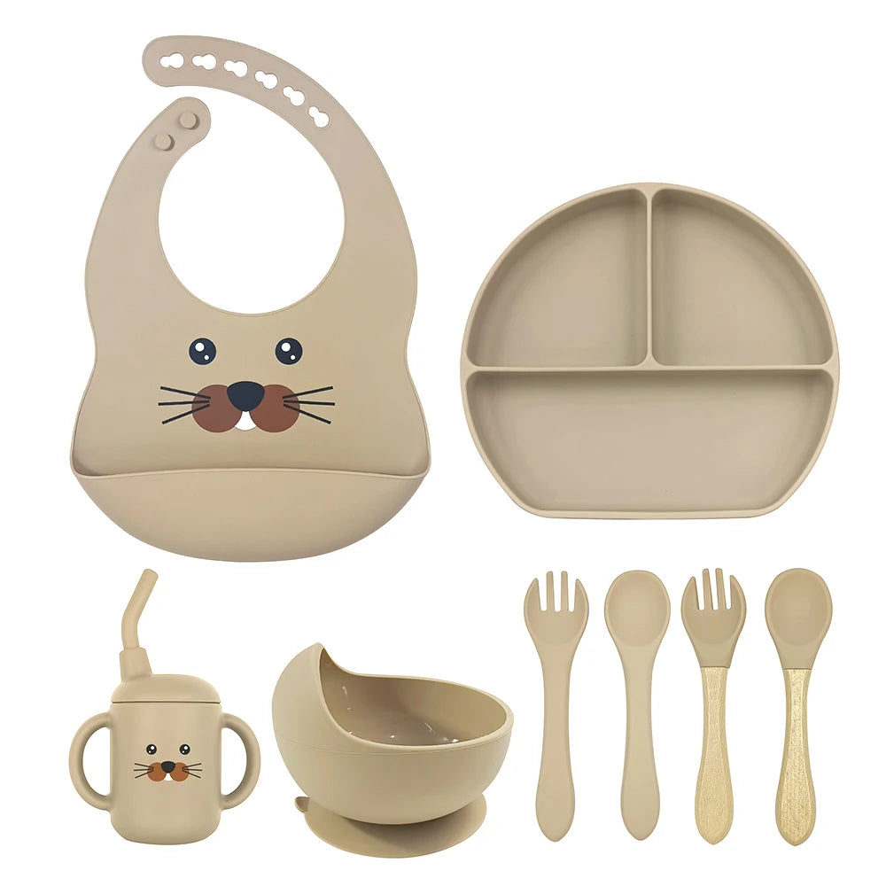 8pc Bebe Silicone Feeding Set Toddler Weaning Set Suction Bottom Infant Dining Tableware