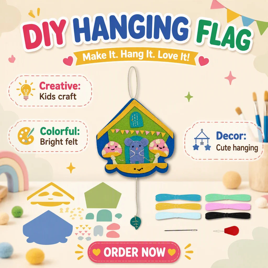Kids DIY Sewing Craft Toy, Make Your Own Mouse House Felt Hanging Flag Kit Educational
