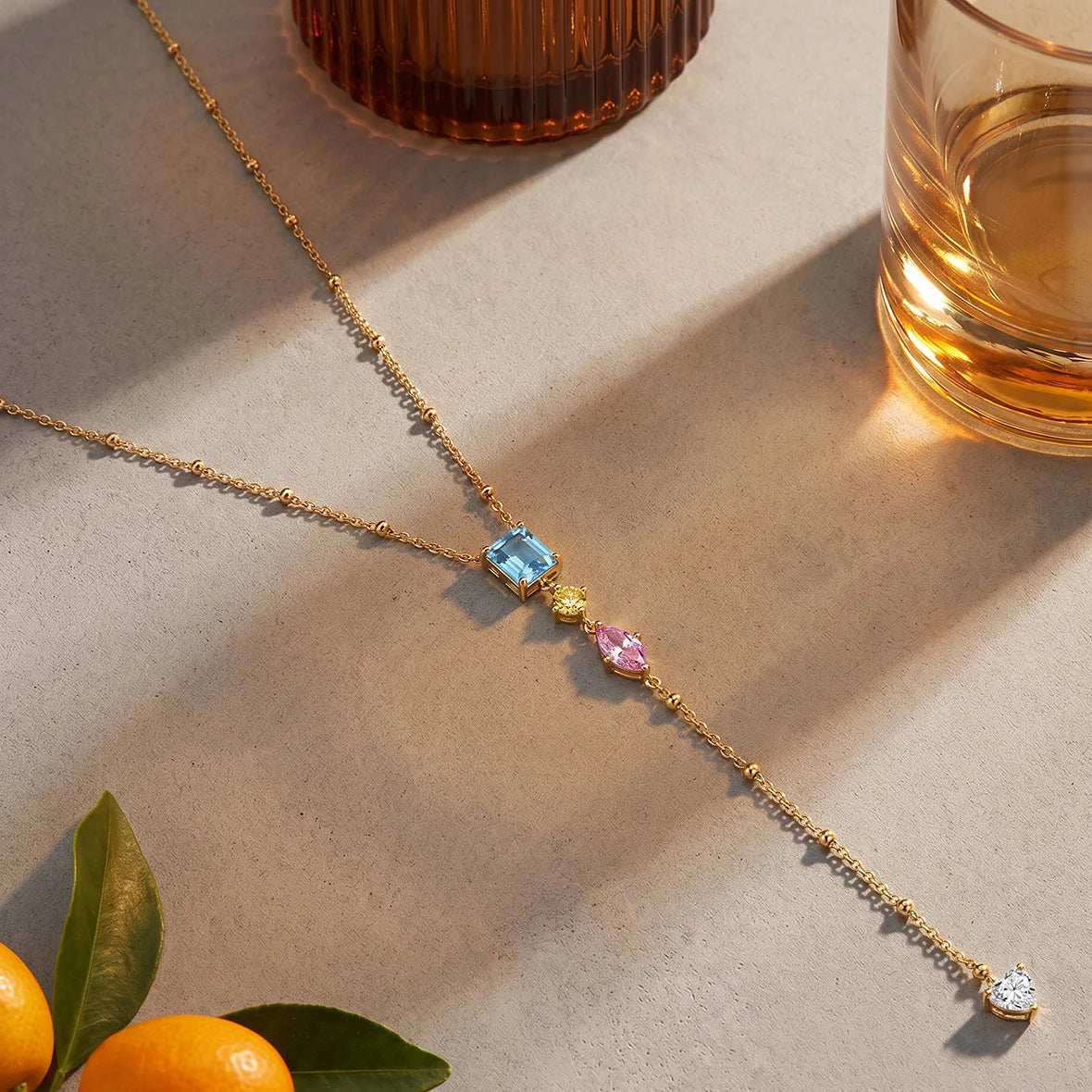 Stainless Steel Y-Drop Multicolor Crystal Pendant Necklace 18K Gold Plated Heart CZ Stone
