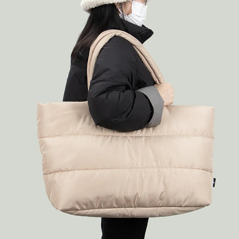 Large Carryall Puffy Shoulder Bag White Lightweight Oversize Custom Quilted Puffer Travel