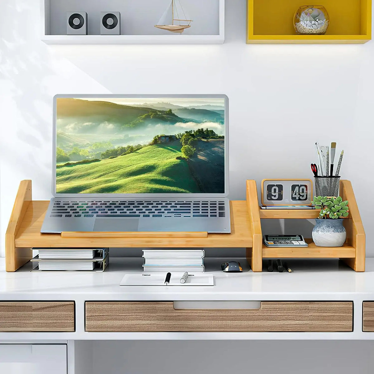 Bamboo Laptop Stand Desk 3-Height Adjustable Notebook Computer Monitor Riser 2-Tier