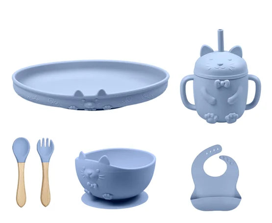 Food Grade Silicone Baby Feeding Set With Cup Bowl Plate Bib Spoon and Fork Easy Clean