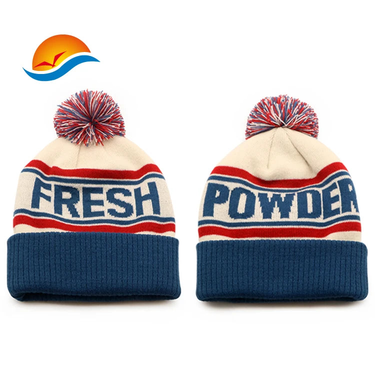 Custom Embroidered Jacquard Knitted Beanie Hat With Pom Pom Knitted Winter Hats