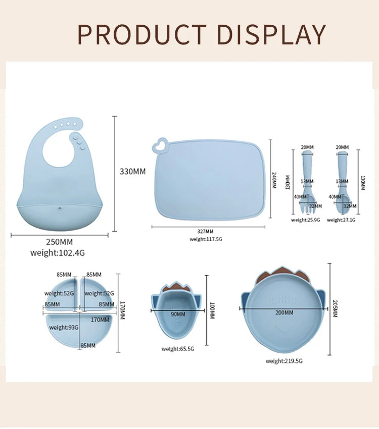 Silicone Baby Suction Plate and Bowl Divided Plate Toddler Feeding Set Cute Dino With Bib