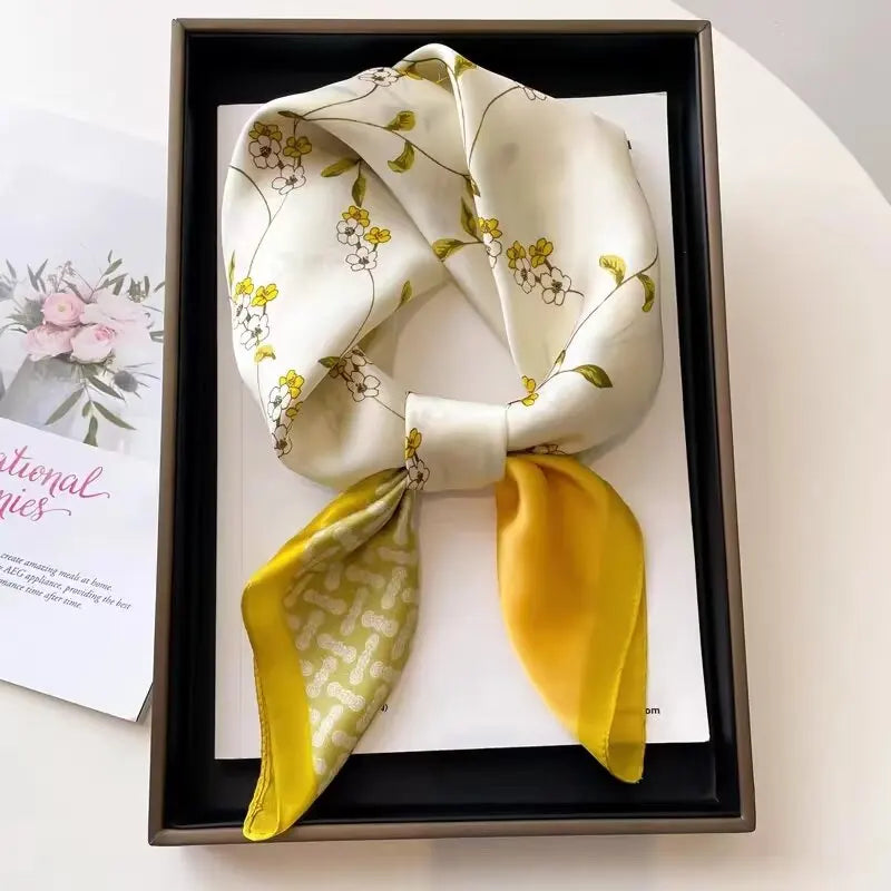 Floral Print Pure Mulberry Silk Square Scarf Women Soft Smooth Lightweight Contrast
