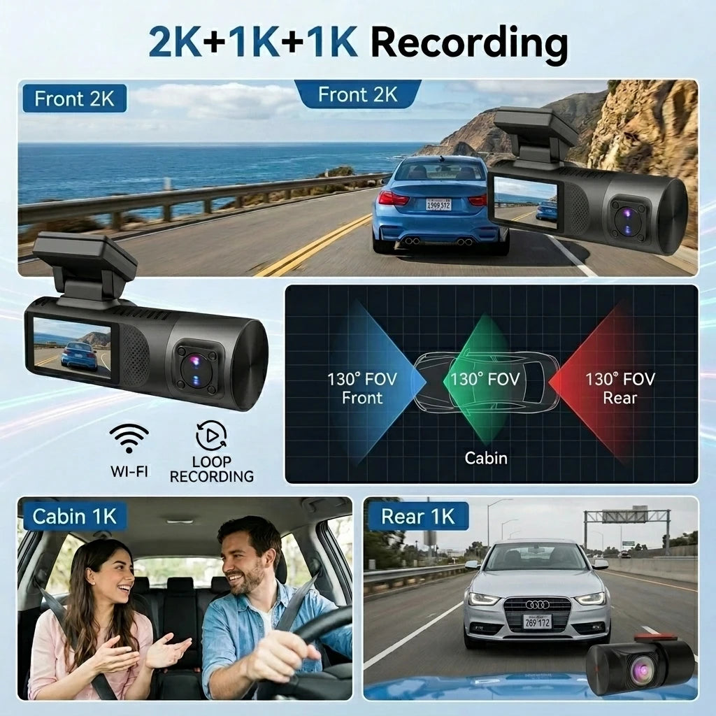 VS105E 3 Lens Black Box 1440P Dash Cam Front Inside Rear 3 Channel Car DVR with 1.97 Inch