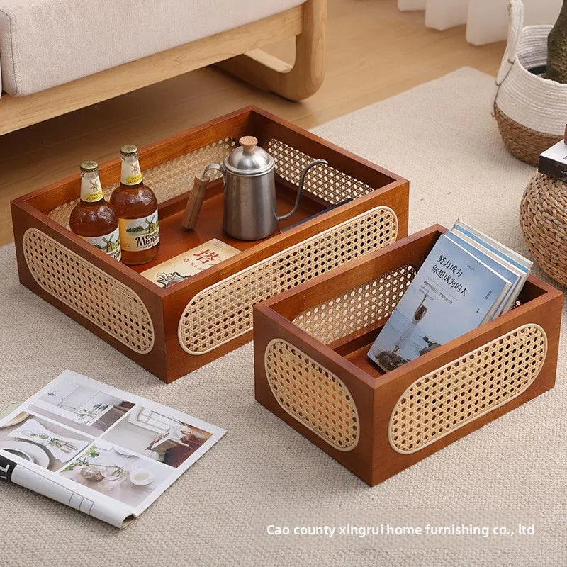 Japanese-Style Solid Wood Rattan Storage Basket Desktop Organizer CDs Stationery Books