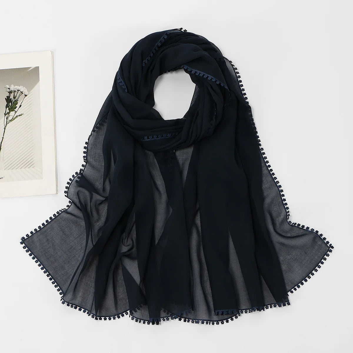 Womens Long Premium Plain Voile Hijab Delicate Lace Made Sheer Fabric Tudung Solid-Color