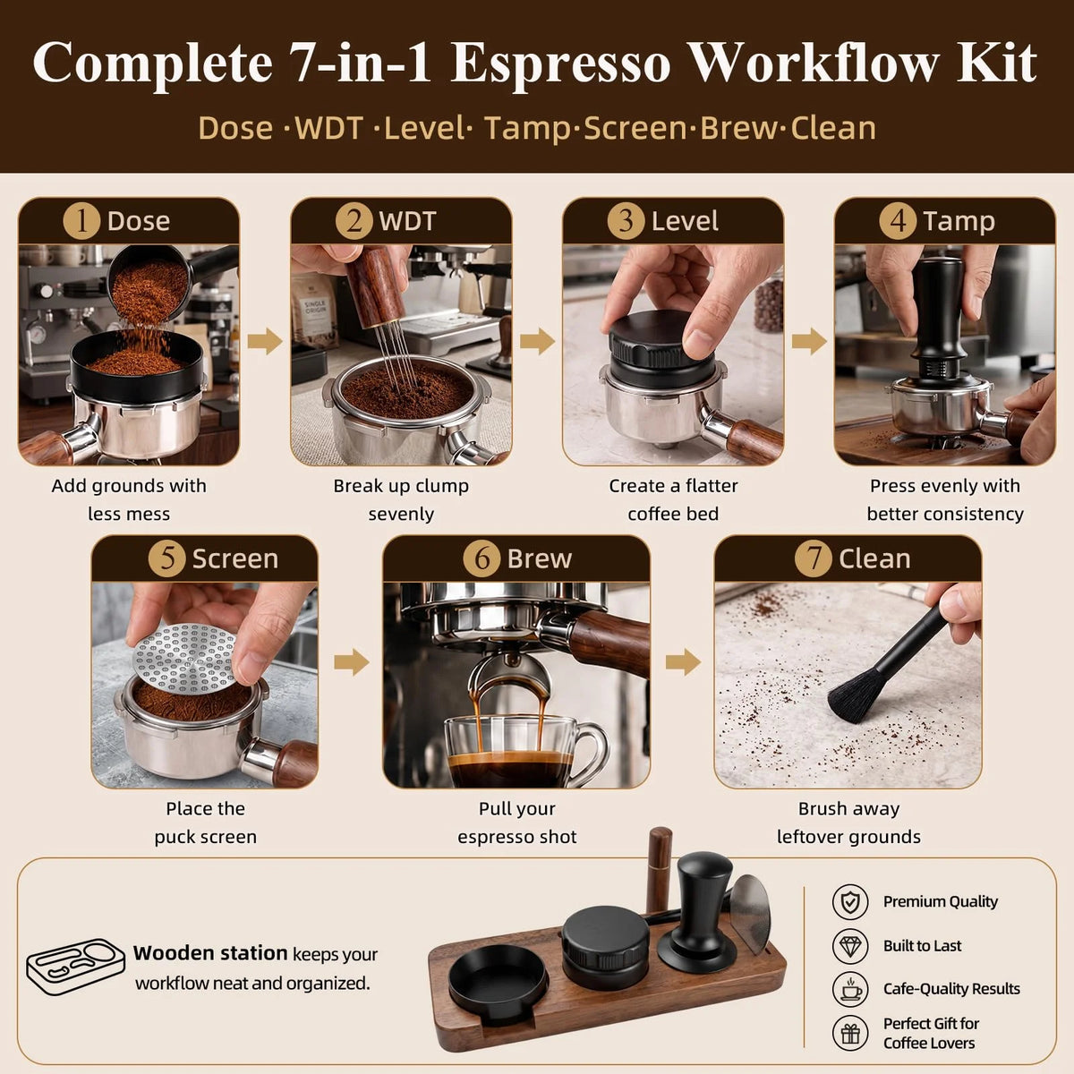 7 PCS 51mm Manual Stainless Steel Espresso Accessories Kit Tamper Set Distributor WDT